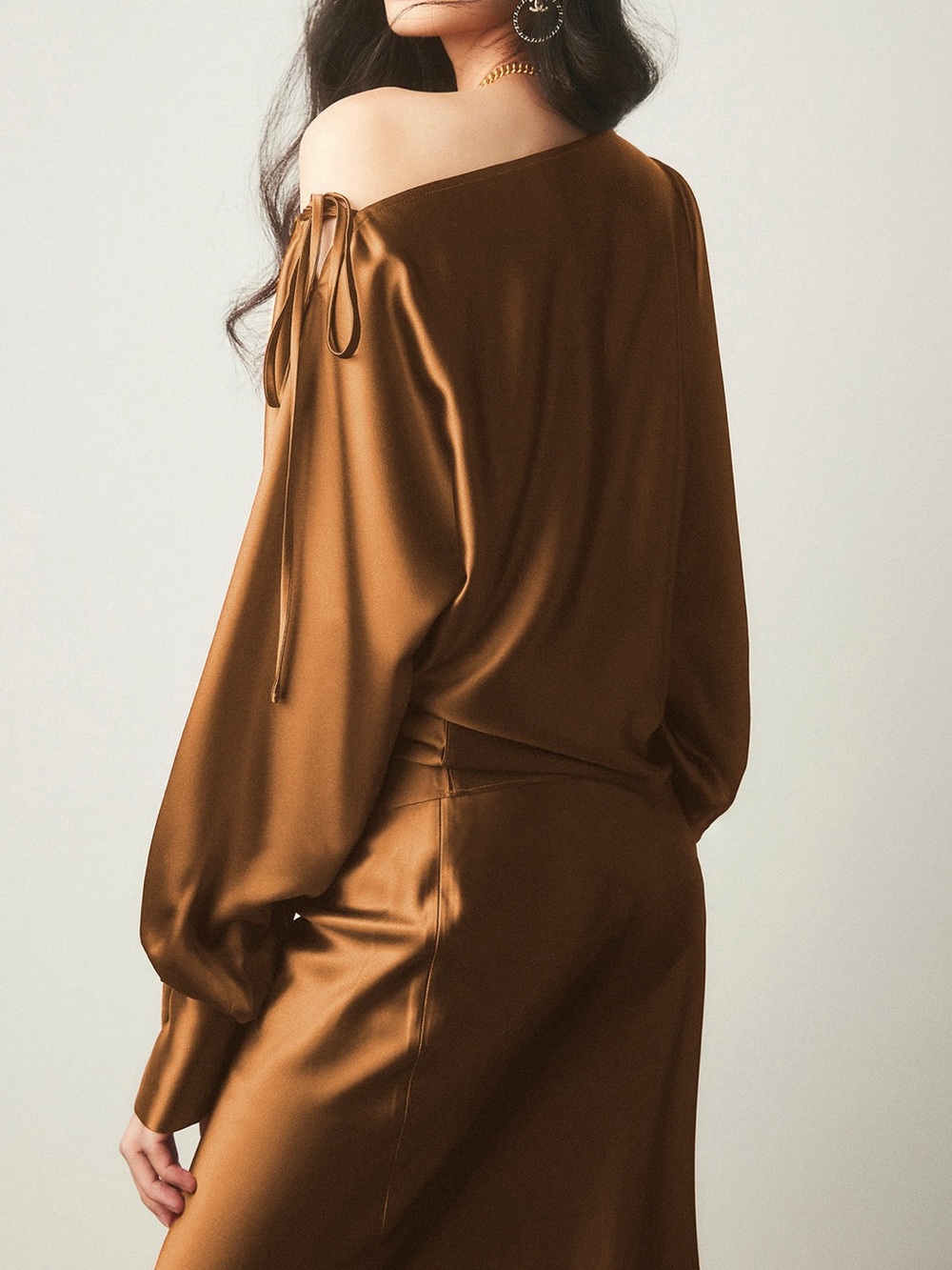 Satin Asymmetrical Cold Shoulder Tied Blouse - Commense - Picture 3 of 5